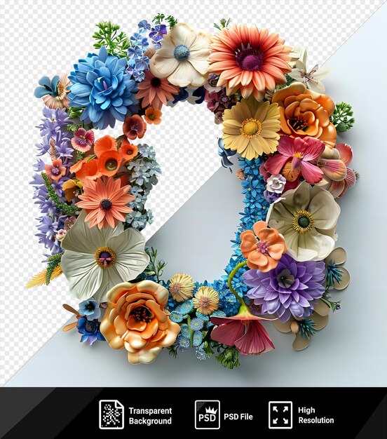 Psd imagem letra o com elementos de flor flor feita de flor renderização 3d png psd