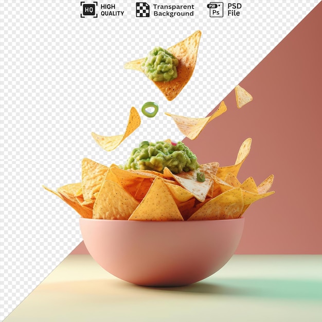 PSD psd imagem mockup de nachos cayendo sobre un bol con guacamole em uma tigela branca com batatas fritas em um fundo transparente contra uma parede rosa png psd