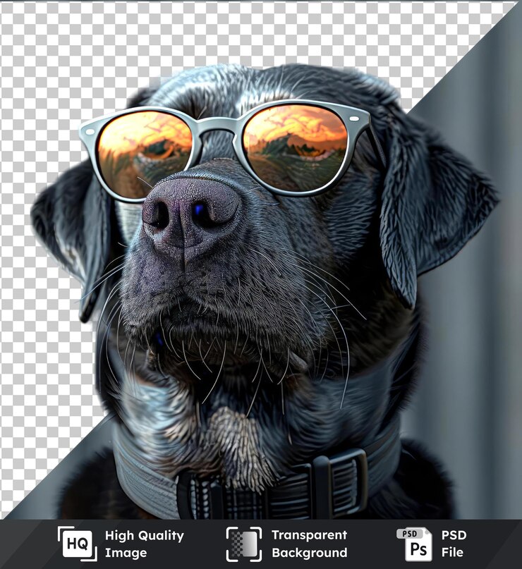 PSD psd imagem mockup labrador retriever cão com óculos de sol características pretas e colarinho cinza