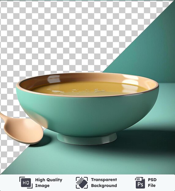 PSD psd imagem tigela de sopa de miso com colher em mesa azul contra parede verde