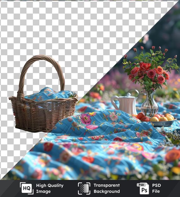 PSD psd imagen eid temática manta de picnic para ramadán con una canasta marrón llena de flores rojas un jarrón de vidrio transparente y un mango marrón