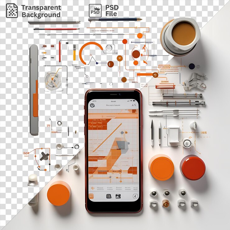 PSD psd imagen herramientas profesionales de desarrollo de aplicaciones móviles configuradas en un fondo transparente con una taza de café un bolígrafo negro y un círculo naranja en el fondo