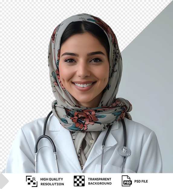 PSD psd imagen de una joven doctora sonriendo para la cámara con una camisa blanca y bufanda gris con una nariz prominente y ojos marrones png