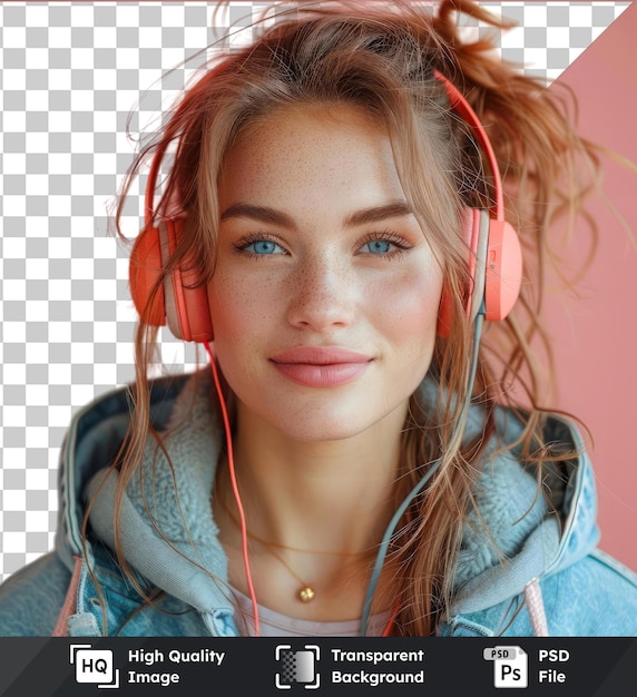 PSD psd imagen sonriente mujer joven caucásica escuchando el podcast e libro canción de música cantante banda de rock en auriculares auriculares eligiendo pista de sonido