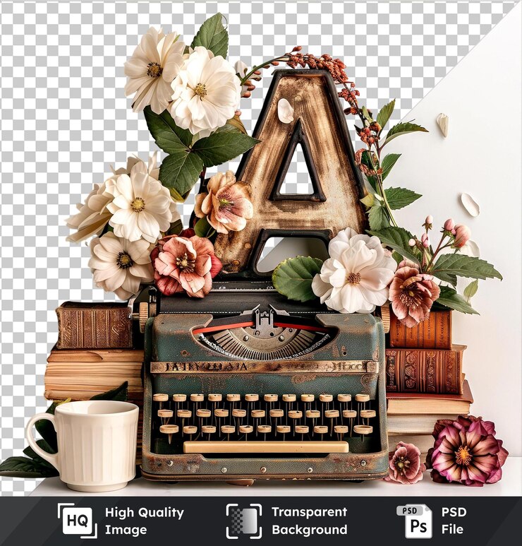 PSD psd imagen vintage carta una con libros taza de café máquina de escribir retro y flores