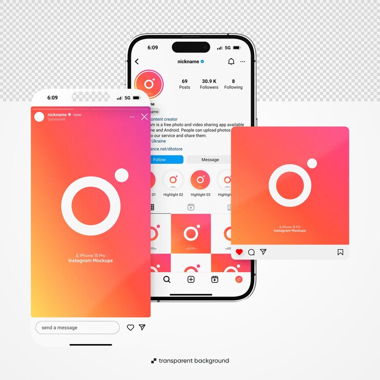 PSD psd instagram con mockup di iphone 15 pro con sfondo modificabile