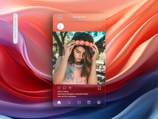 Psd-instagram-post-mockup mit glasmorphismus-schnittstelle