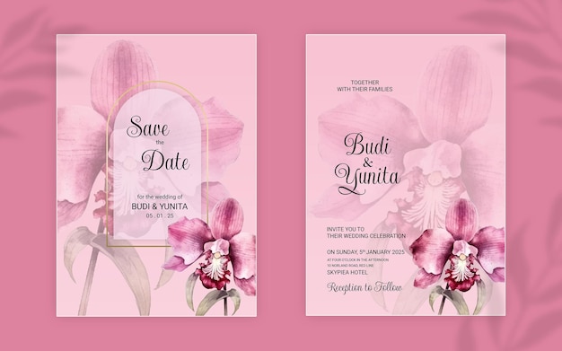 Psd invitación de boda en acuarela con hermosas flores de orquídeas