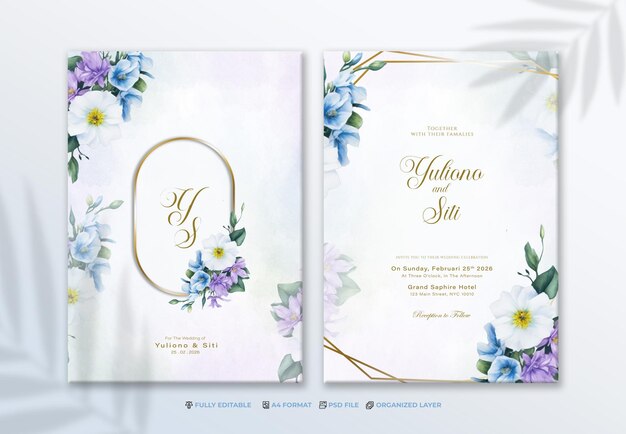 psd invitación de boda con flor de colores azul