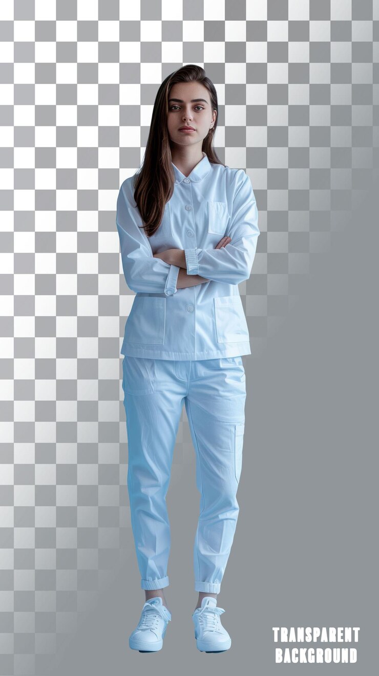 PSD psd isolado em fundo branco transparente dentista feminina confiante em postura de corpo inteiro em plano