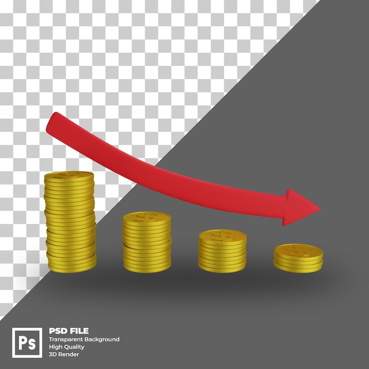 PSD psd isolierte 3d-illustration finanzinsolvenzpfeil mit stapel münzen