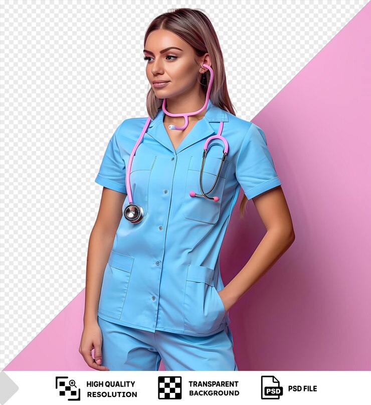 PSD psd jeune femme infirmière en uniforme médical avec un stéthoscope autour du cou écoutant son cœur battre en utilisant un stétoscope regardant confiante debout devant le mur rose
