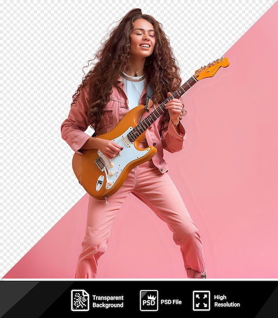 PSD psd jeune femme joyeuse avec de longs cheveux bruns bouclés en tenue décontractée jouant d'une guitare invisible devant un mur rose portant un collier blanc et un pantalon rose avec une main visible en png