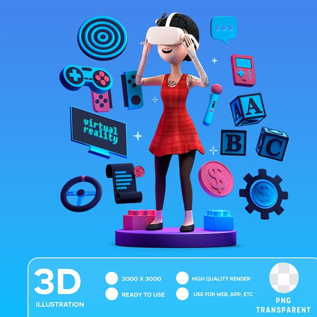 Psd jogador feminino jogar vr ilustração 3d