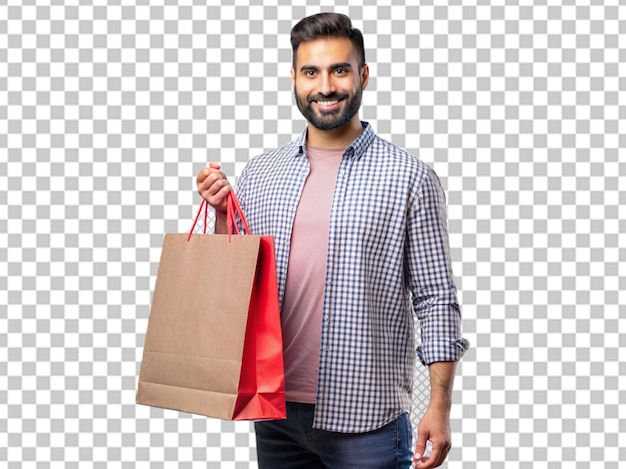 Psd joven apuesto hombre bronceado con bolsas de compras