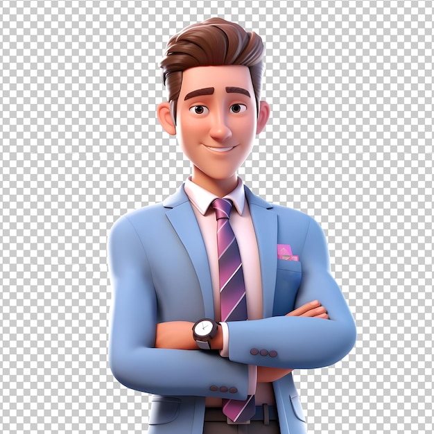 Psd joven empresario 3d personaje de pie aislado sobre fondo transparente