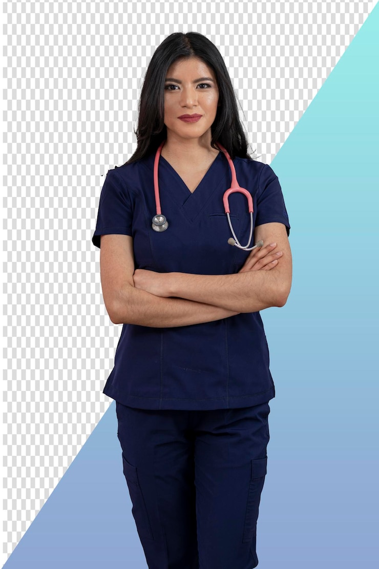 PSD psd de una joven médica latina mirando a la cámara con los brazos cruzados en su consultorio médico