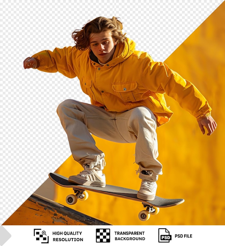 PSD psd joven patinador entrenando en el campo deportivo frente a una pared amarilla con una chaqueta amarilla y pantalones caqui grises con cabello marrón y un zapato blanco visible png