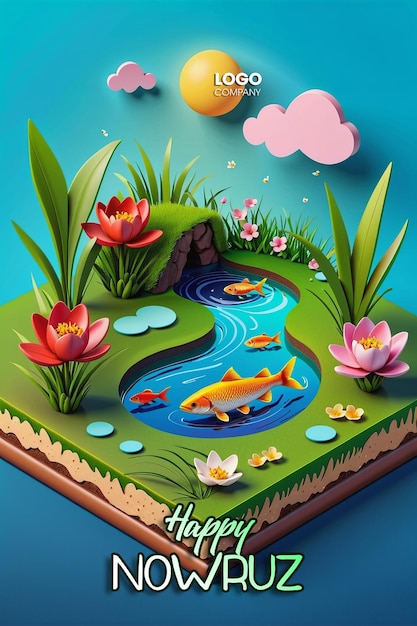 PSD psd joyeux jour de nowruz ou illustration du nouvel an iranien avec de l'herbe semeni et du poisson