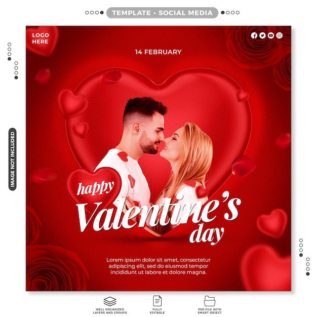PSD psd joyeux jour de la saint-valentin modèle de flyer de couple poste sur les médias sociaux 14 février texte modifiable cœurs 3d