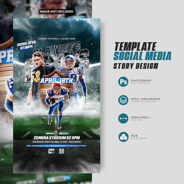 PSD psd jugador de fútbol de la nfl día del partido plantilla de historia de instagram de las redes sociales