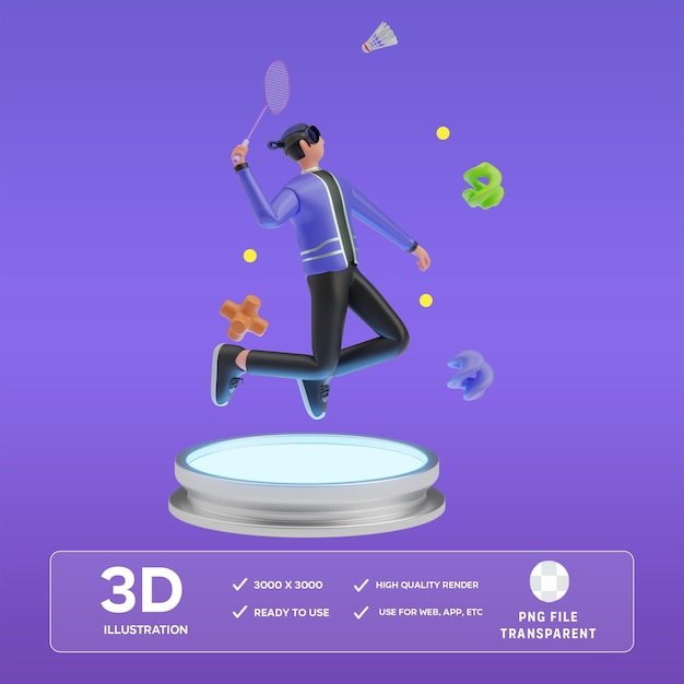 PSD jugando al bádminton en el metaverso Ilustración en 3D