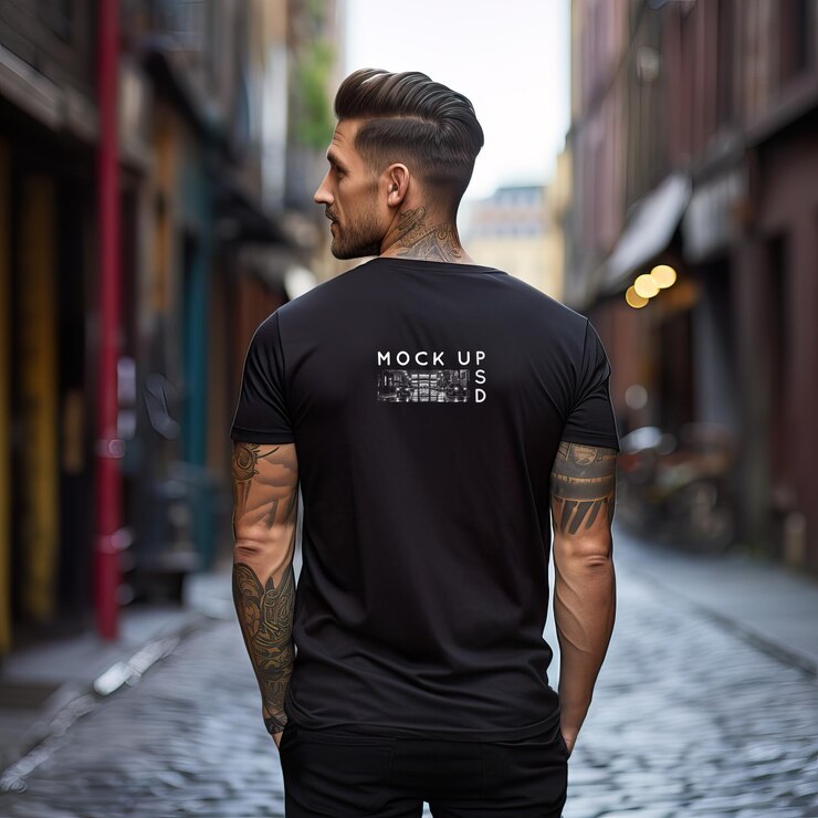 PSD junger Mann in der Stadt in übergroßem schwarzen T-Shirt-Modell PSD-Vorlage Rückansicht Generative AL