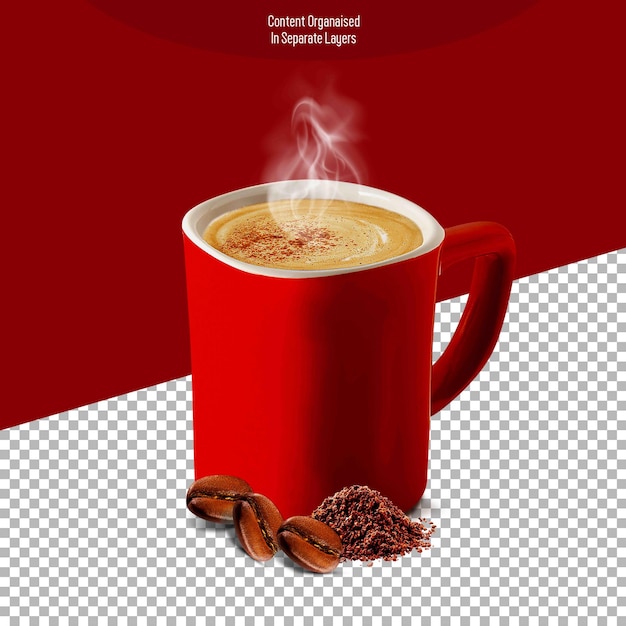 PSD Kaffee in einem Becher mit isolierten Kaffeebohnen auf durchsichtigem Hintergrund