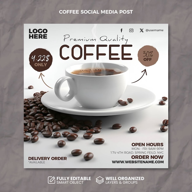 PSD-Kaffeekonzept-Posterdesign für Social-Media-Werbung und Webpost-Designvorlage