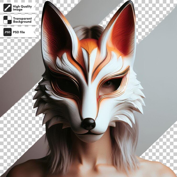 PSD psd kitsune de máscara de raposa vermelha e branca em fundo transparente com camada de máscara editável