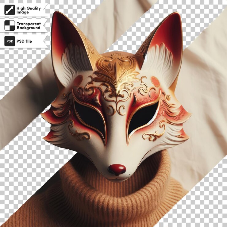 PSD psd kitsune de máscara de zorro rojo y blanco en fondo transparente con capa de máscara editable