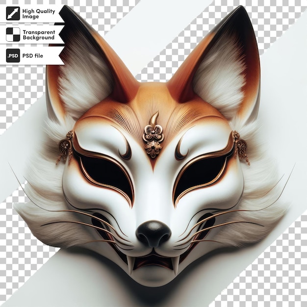 Psd kitsune de máscara de zorro rojo y blanco en fondo transparente con capa de máscara editable