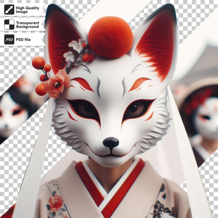 PSD psd kitsune de máscara de zorro rojo y blanco en fondo transparente con capa de máscara editable