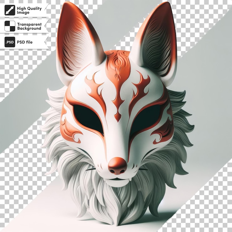PSD psd kitsune de máscara de zorro rojo y blanco en fondo transparente con capa de máscara editable