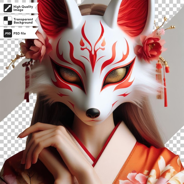 PSD psd kitsune de máscara de zorro rojo y blanco en fondo transparente con capa de máscara editable