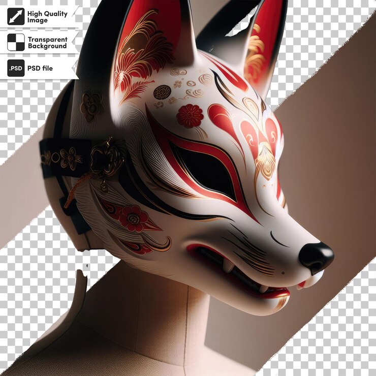 PSD psd kitsune de máscara de zorro rojo y blanco en fondo transparente con capa de máscara editable