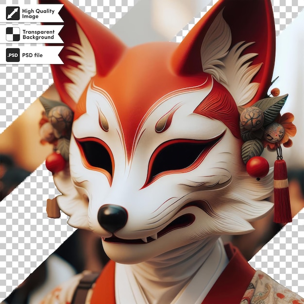 PSD psd kitsune de máscara de zorro rojo y blanco en fondo transparente con capa de máscara editable