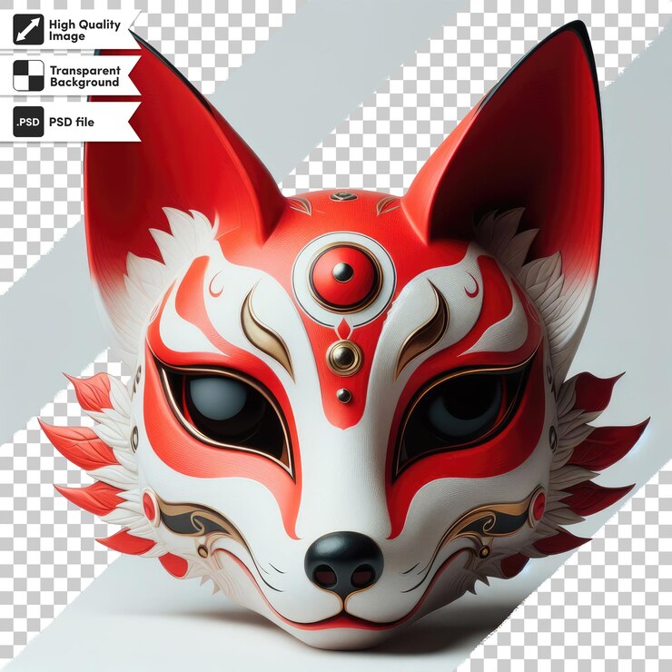 PSD psd kitsune de máscara de zorro rojo y blanco en fondo transparente con capa de máscara editable