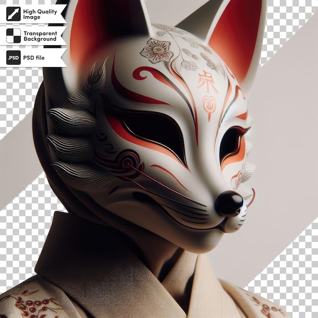 PSD psd kitsune de máscara de zorro rojo y blanco en fondo transparente con capa de máscara editable