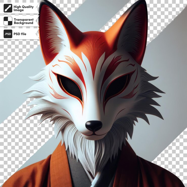 PSD psd kitsune de máscara de zorro rojo y blanco en fondo transparente con capa de máscara editable