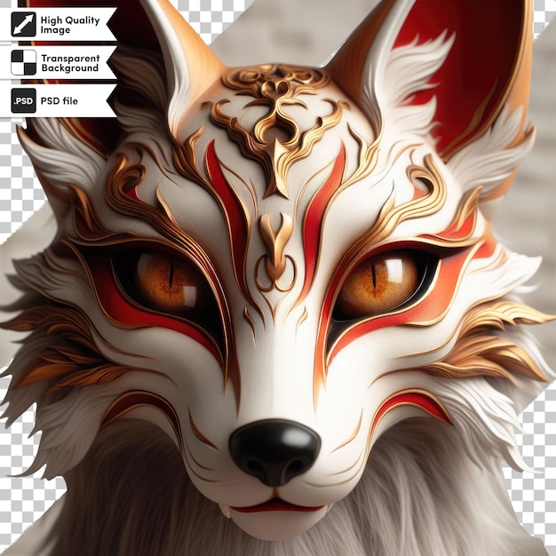 Psd kitsune de máscara de zorro rojo y blanco en fondo transparente con capa de máscara editable