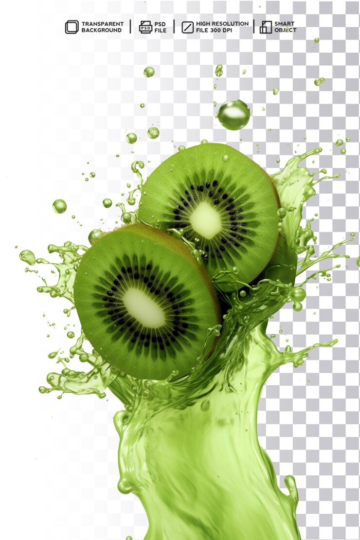 PSD Kiwi Liquid Splash Swirl auf transparenter Oberfläche mit grüner Farbe