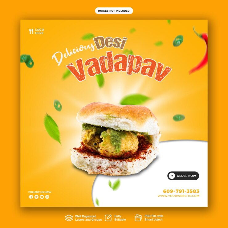 PSD köstlicher Vadapav-Samosa und Speisemenü-Social-Media-Beitrag