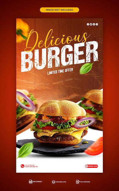 PSD Köstliches Burger- und Lebensmittelmenü Instagram und Facebook Story Template Design