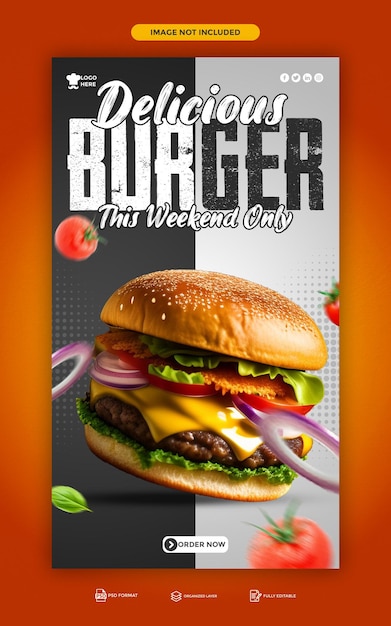 PSD psd köstliches burger- und lebensmittelmenü instagram und facebook story template design