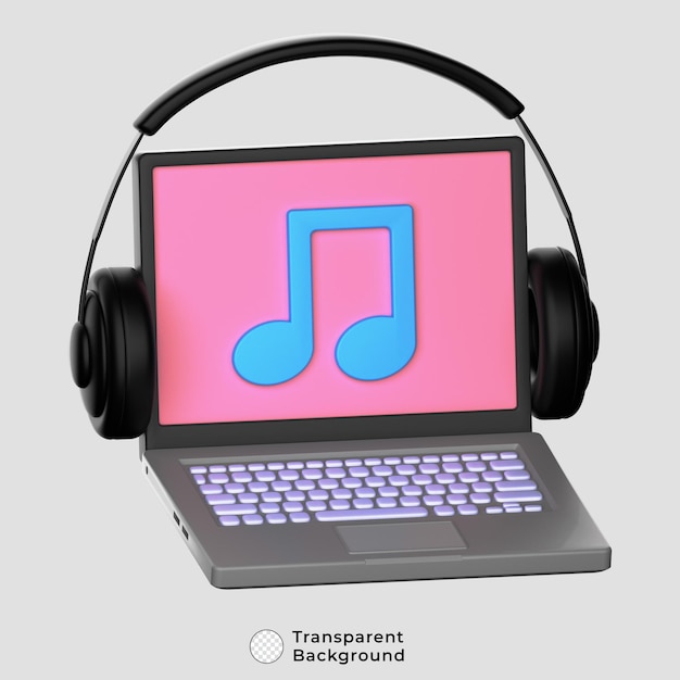 PSD-Laptop mit Kopfhörer und Musiknotensymbol 3D-Illustration
