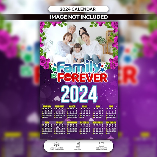 Psd-layoutvorlage für den familienkalender 2024 in lila