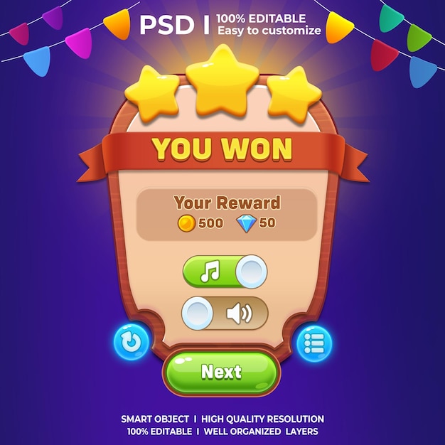 PSD level complete game ui popup 2d interface game ui gaming ui 2d you won popup level up game ui