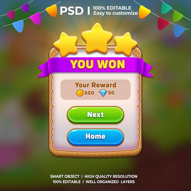 PSD level complete game ui popup 2d interface game ui gaming ui 2d you won popup level up game ui