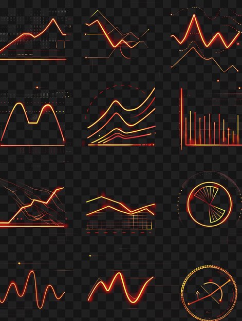 PSD psd de lignes d'icônes d'analyse de marché avec une lueur animée dans ne outline y2k t-shirt transparent web